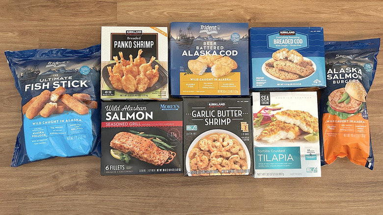 8 assorted packages of frozen prepared seafood from Costco