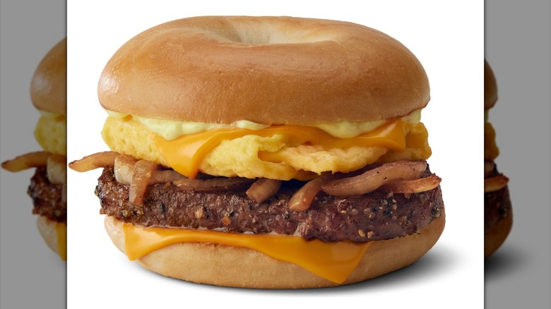 McDonald's steak, egg, and cheese bagel sandwich on white background