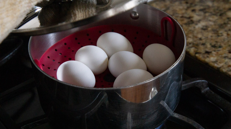 eggs in a metal pot with a red plastic basket inside