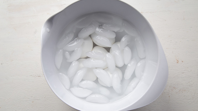 ice cubes, eggs, and water in a white plastic bowl