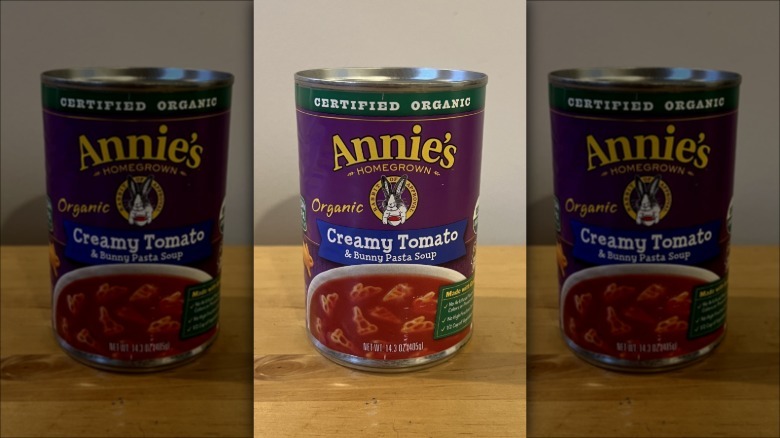 Annie's organic creamy tomato soup with bunny pasta in a can