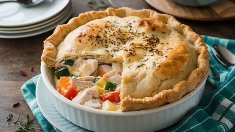 Close up of chicken pot pie with vegetables in a white dish on a plate.