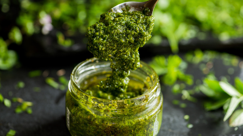 Spoonful of pesto from jar
