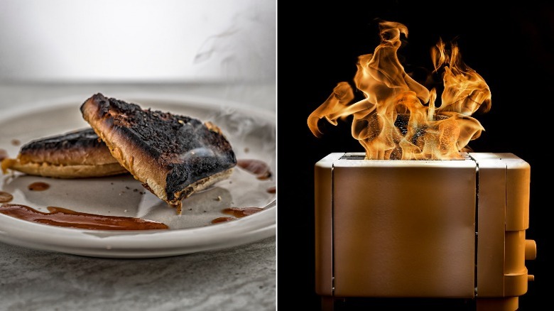 Burnt grilled cheese aflame toaster