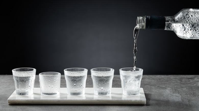 Bottle of chilled vodka with shot glasses