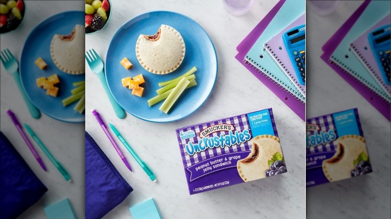 Smucker's Uncrustables box and sandwhich