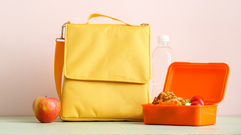 bag with lunch box and apple