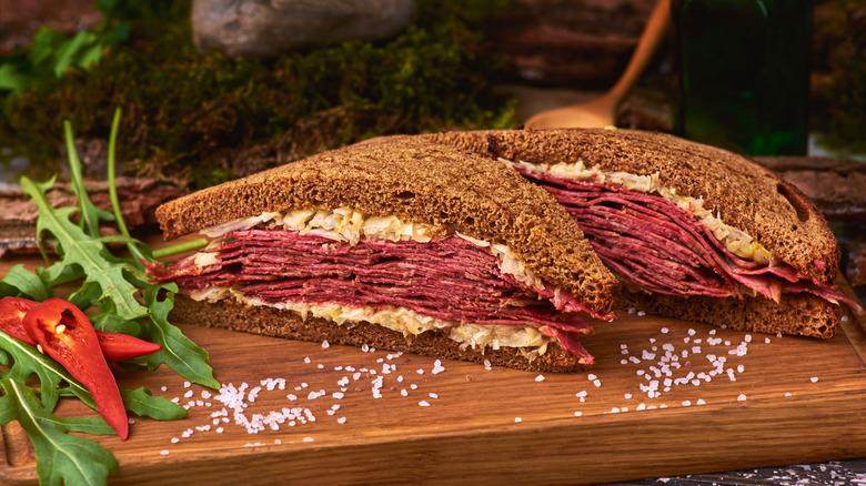 Pastrami reuben sandwich on board