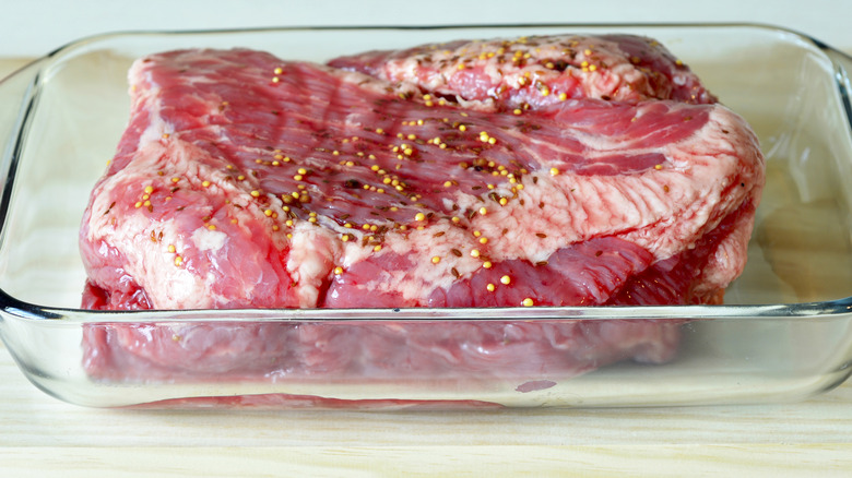 Homemade corned beef in pan