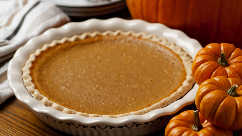 Pumpkin pie in white dish next to whole pumpkins