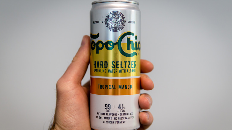Hand holding can of Topo Chico