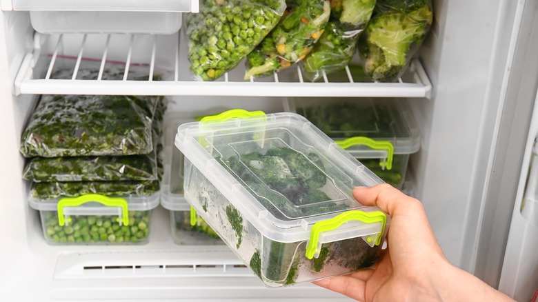 A freezer with vegetables