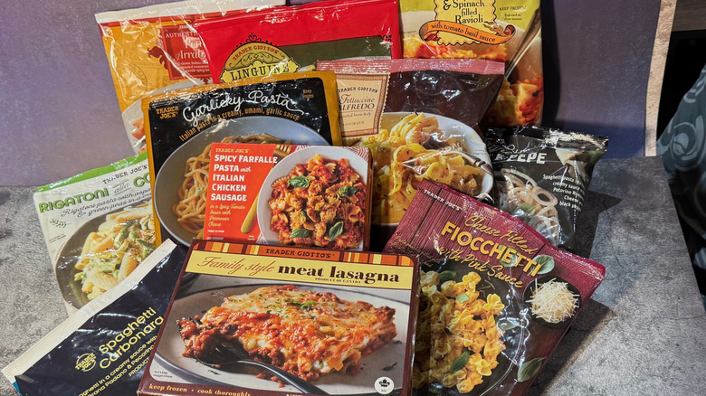 Stack of Trader Joe's frozen pastas