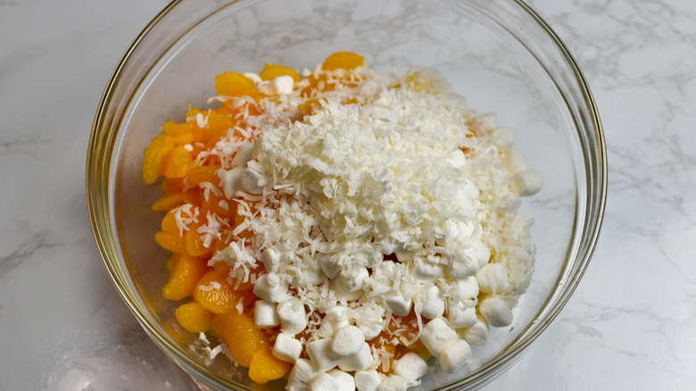 ambrosia salad ingredients in bowl 