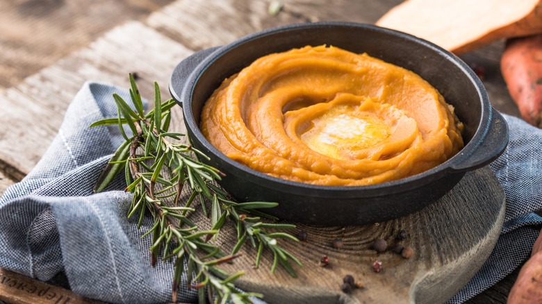mashed sweet potatoes in a skillet
