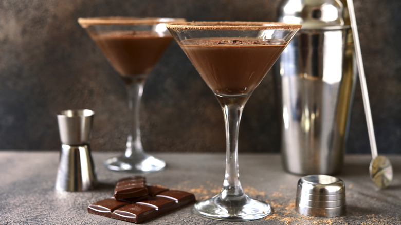 Two chocolate martinis with cocktail shaker