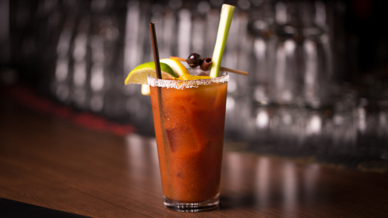 icy Bloody Mary on bartop
