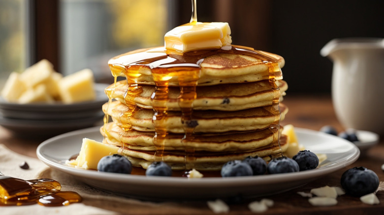 Stack of pancakes with syrup and butter