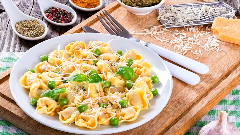 Tortellini with basil, peas, parmesan 