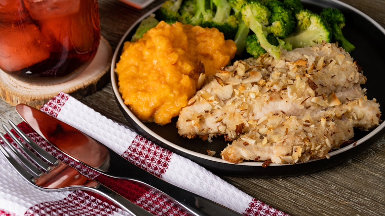 Chicken with almonds, sweet potato, and broccoli