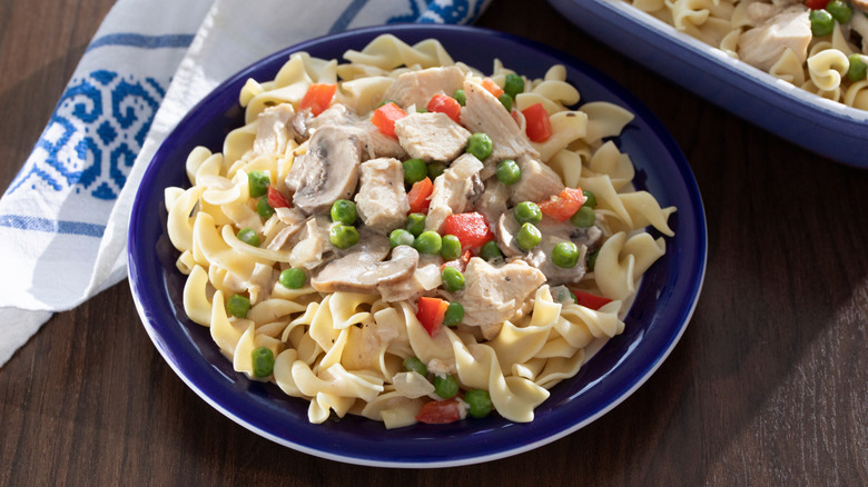 Chicken à la king, served over pasta