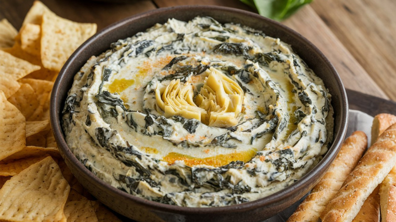 Spinach and artichoke dip in a large bowl