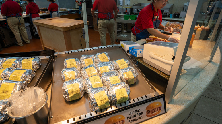 Heating tray of barbecue sandwiches at Buc-ee's