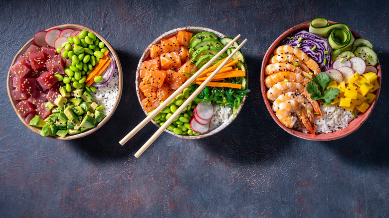 three styles of poke bowls