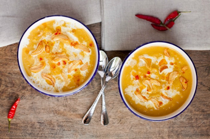 Butternut Squash Soup with Fried Garlic and Chili Oil