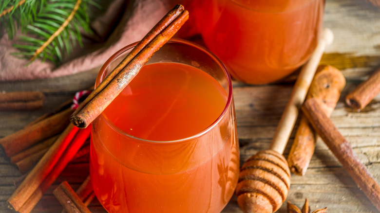 Red-orange wassail with cinnamon sticks