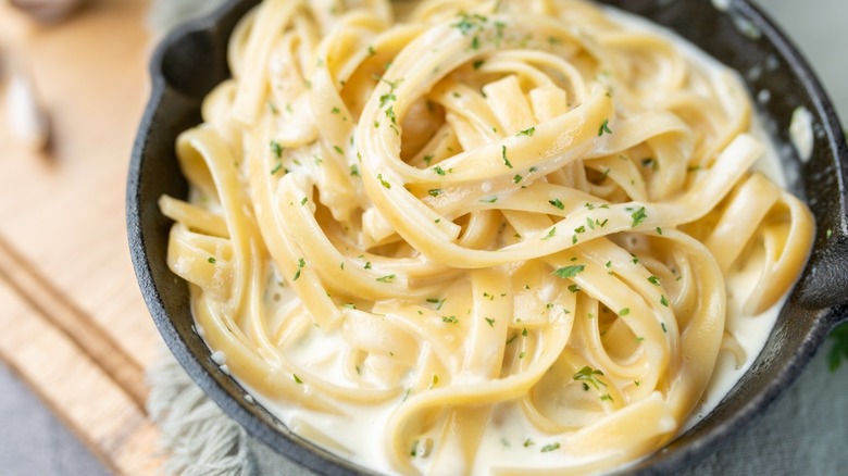 fettuccine Alfredo in iron skillet