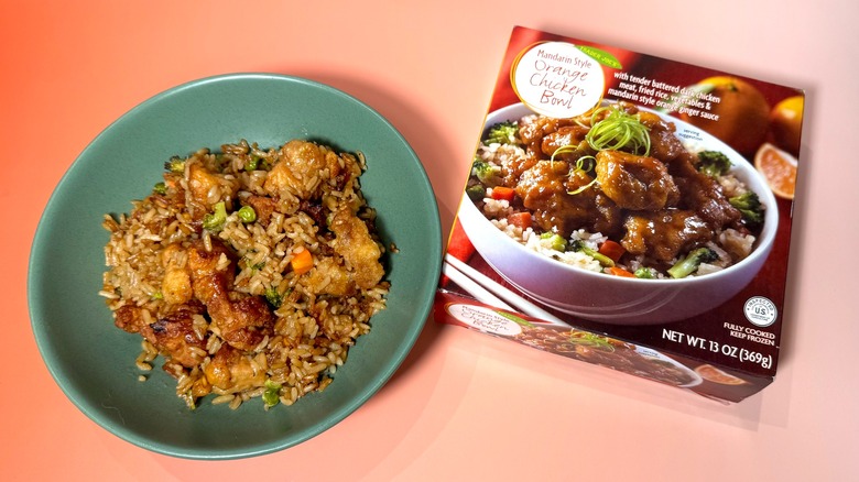 Bowl and box of Trader Joe's Mandarin style orange chicken bowl