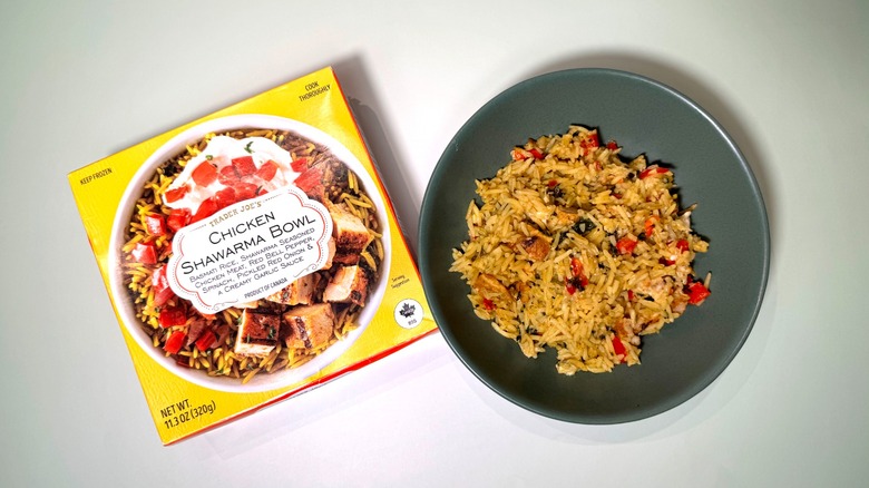 Trader Joe's chicken shawarma bowl in box and plated