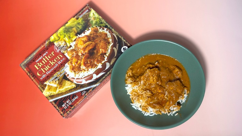 A box and plate of Trader Joe's Butter Chicken with Basmati Rice