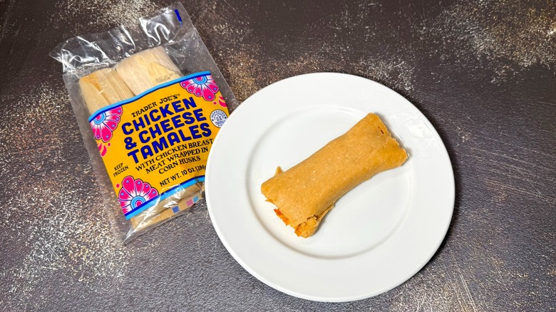 Bag and plate of Trader Joe's Chicken & Cheese Tamales