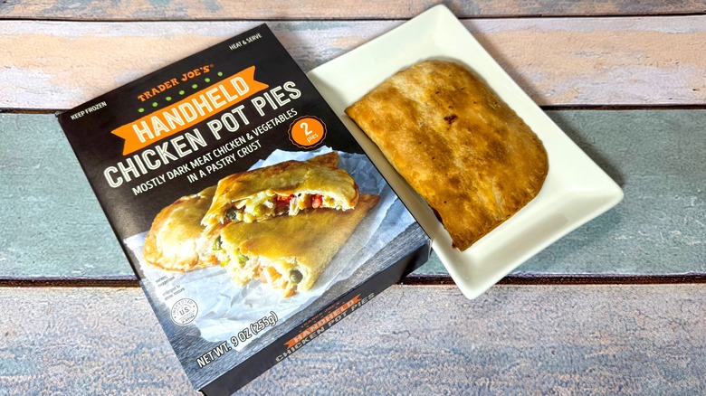 Box and plate of Trader Joe's Handheld Chicken Pot Pies