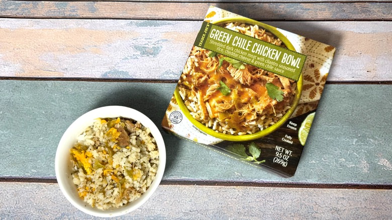 Bow and box of Trader Joe's Green Chile Chicken Bowl