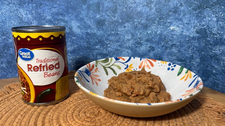 Can and bowl of refried beans