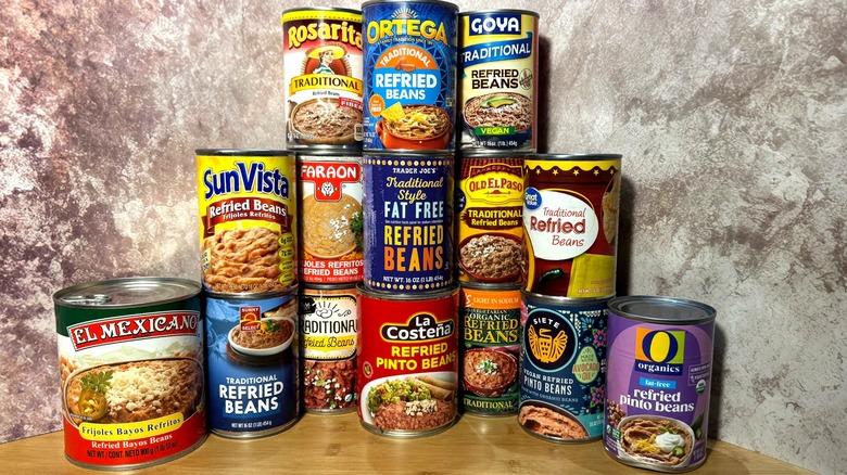Stacked cans of refried beans