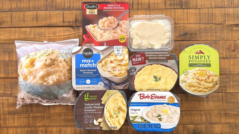 Various packages of premade mashed potatoes