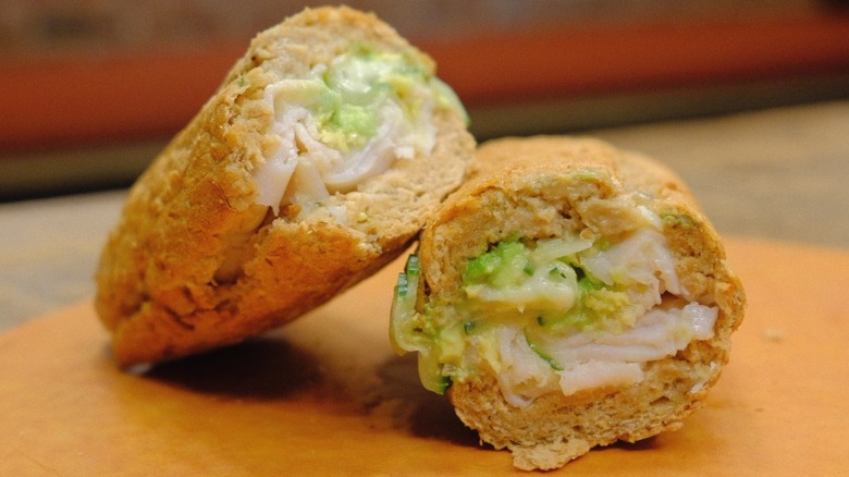 An Avo Turkey sandwich from Potbelly on a wooden table