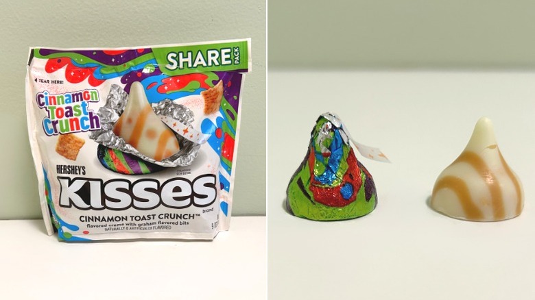 A bag of Hershey's Kisses Cinnamon Toast Crunch beside two kisses, one wrapped and one unwrapped
