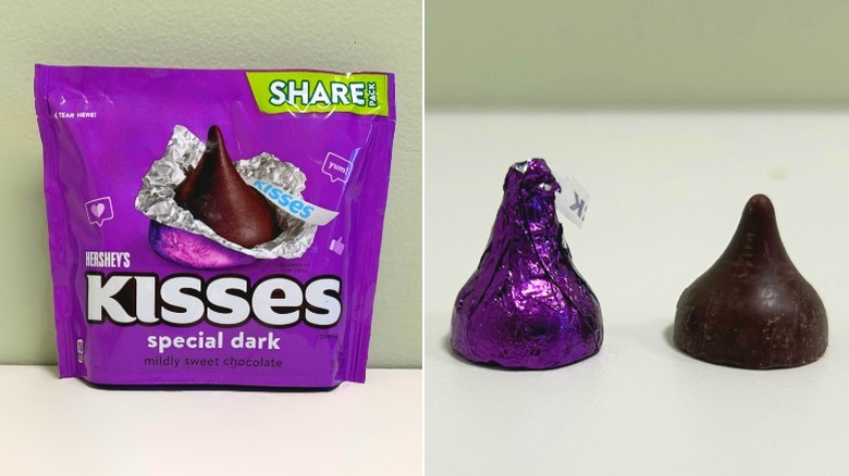 A bag of Hershey's Kisses Special Dark beside two kisses, one wrapped and one unwrapped