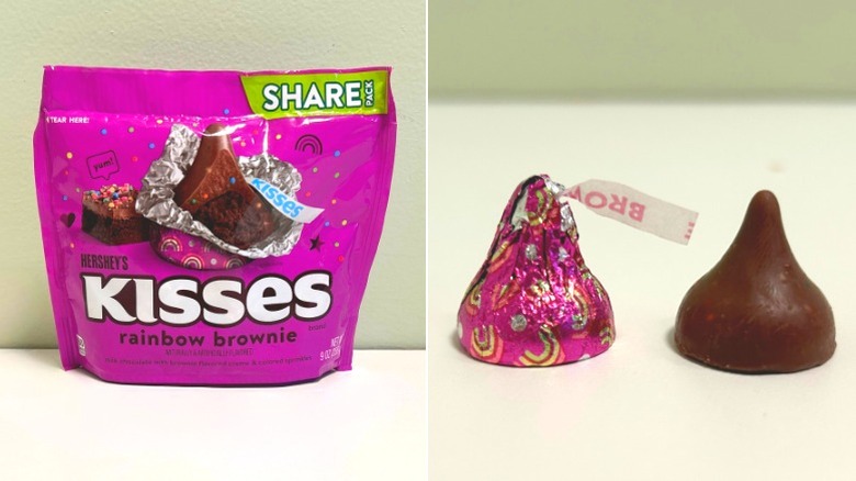 A bag of Hershey's Kisses Rainbow Brownie beside two kisses, one wrapped and one unwrapped