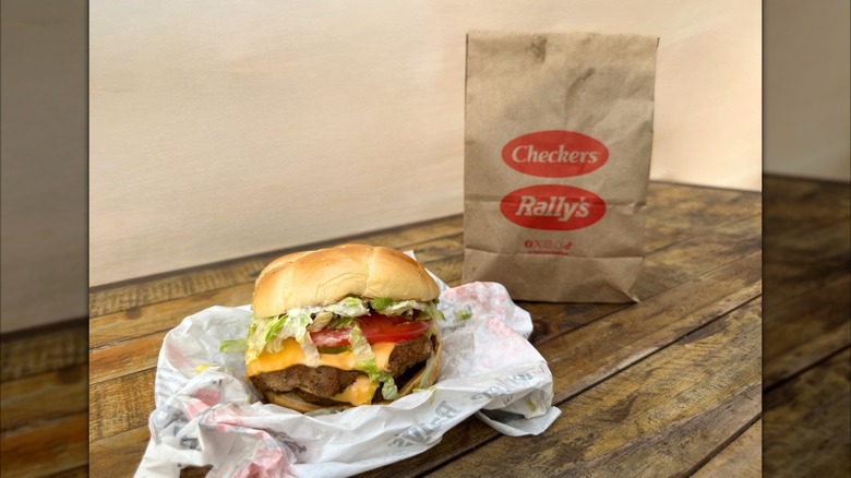 A Checker's bag and double cheeseburger