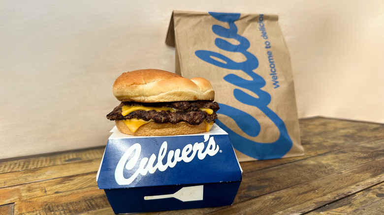 A bag and double cheeseburger from Culver's restaurant