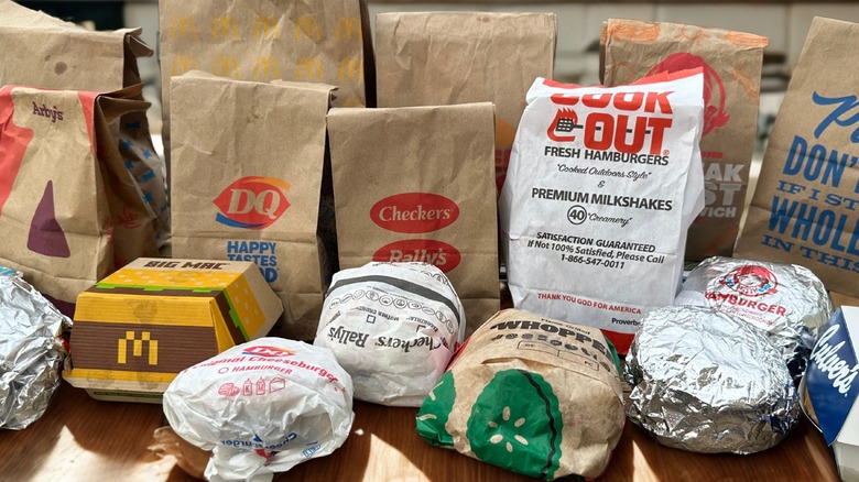 Hamburgers and their packaging from nine of the most popular fast food restaurants