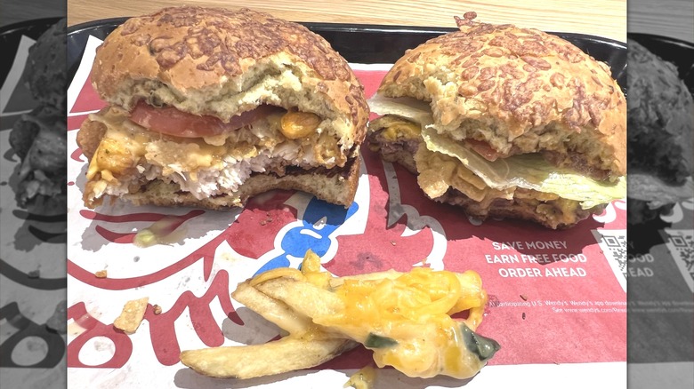 cheeseburger, chicken sandwich, fries
