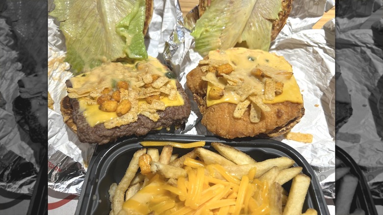 interiors of cheeseburger, chicken sandwich, fries
