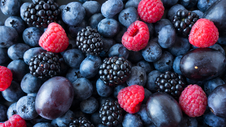 mixed raspberries, blueberries, and blackberries